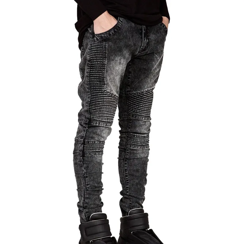 Hurtownia Mężczyzna Skinny Biker Jeans Mężczyźni 2016 Hi-Street Ripped Rider Denim Jeans Motorcycle Runway Slim Fit Myted Moto Dżinsowe Spodnie Joggers