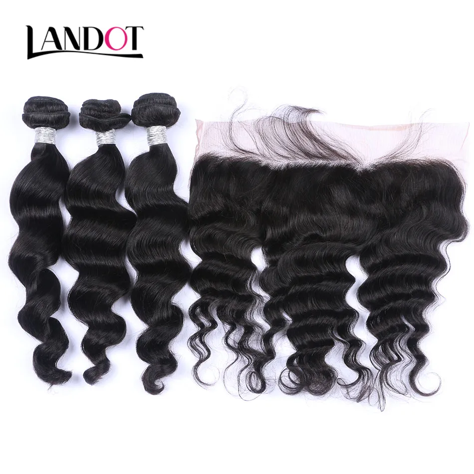 Lace Frontal Encerramento Com 3 Pacotes Brasileira Onda Solta Encaracolado Virgem Cabelo 8A Peruano Indiano Malaio Remy Ondulado Remy Cabelo Humano Tece