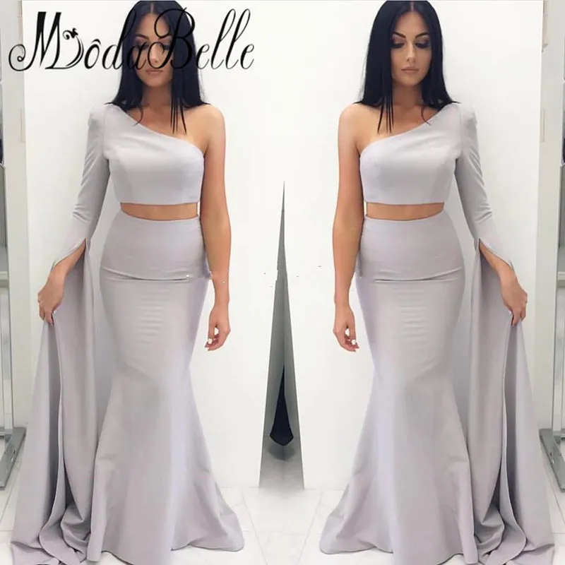 Cheap Two Pieces Sexy Evening Dresses One Shoulder Long Sleeves Plus Size Formal Prom Party Gowns Custom Made