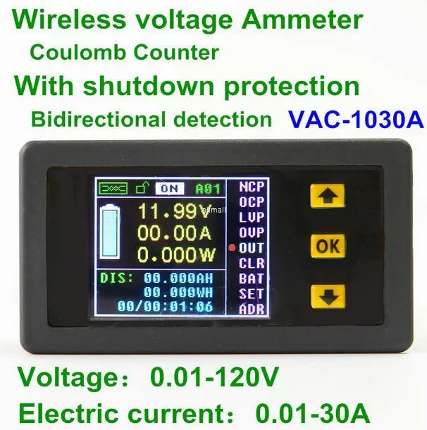 Freeshipping moms1030a Digital Ammeter Voltmeter Coulomb Counter Wireless Bi-Directional Spänningsström Tester Power Meter DC 0,01-100V