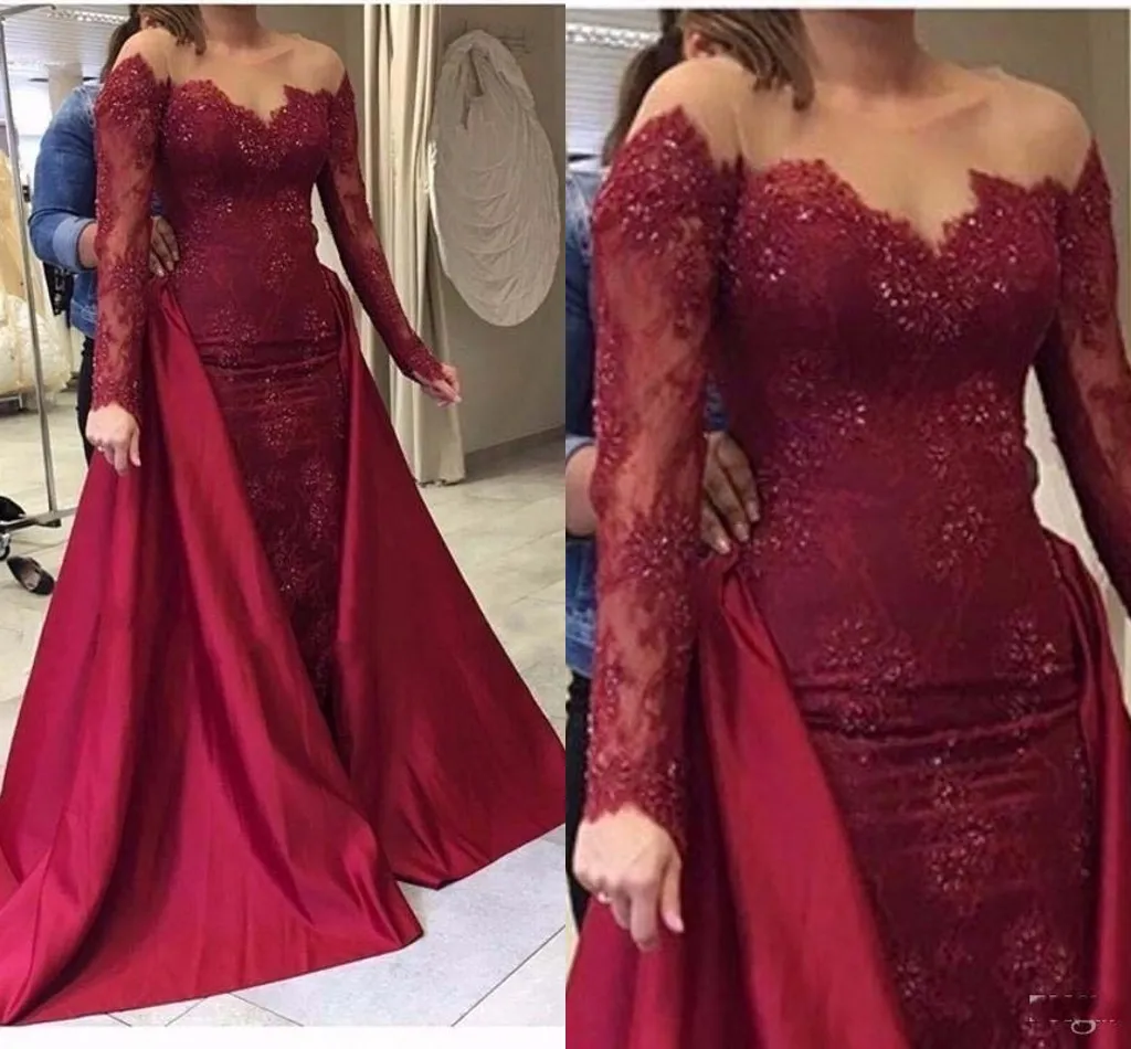 Bordo Mermaid Abiye Ile overkirt (ayrılabilir tren) Sheer Boyun Sequins Uzun Kollu Balo Elbise Saten Ve Dantel Parti Törenlerinde