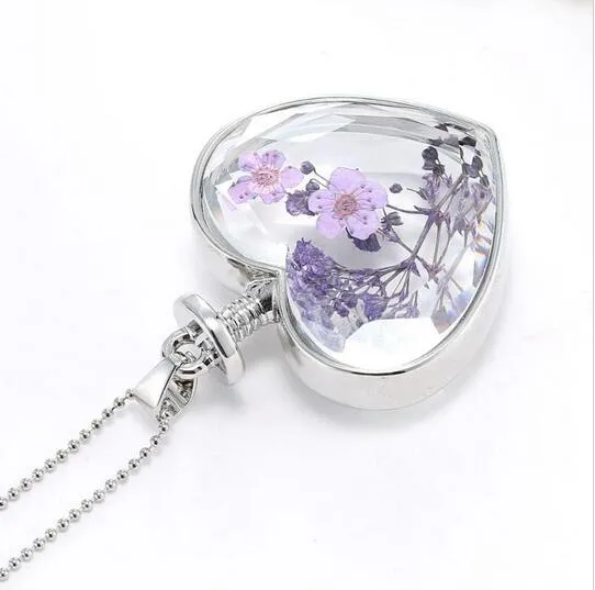 Подвески фиолетовый цветок Женщины Сухие цветы Сердце из стекла желая бутылки ожерелье G75