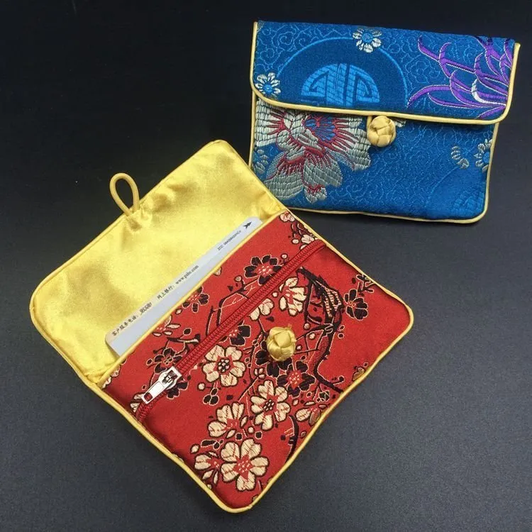 Chinese knot Silk Brocade Small Pouches Bag with Zip Jewelry Pouch Coin Purse Gift Packaging Credit Card Holder Case Storage Bag 2pcs/lot