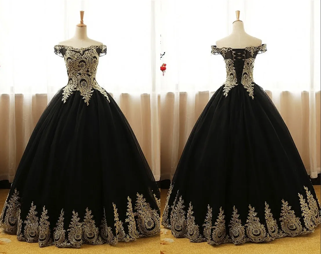 Robe de bal robe de bal 2022 noir et or dentelle tulle hors de l'épaule tulle manches courtes longue pas cher corset dos soirée robe de soirée