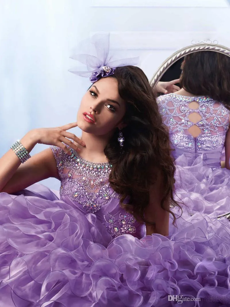 2018 lila rhinestones quinceanera klänningar bling juvel nacke söt 16 masquerad boll klänningar organza lavendel kristall debutante ragazza klänning