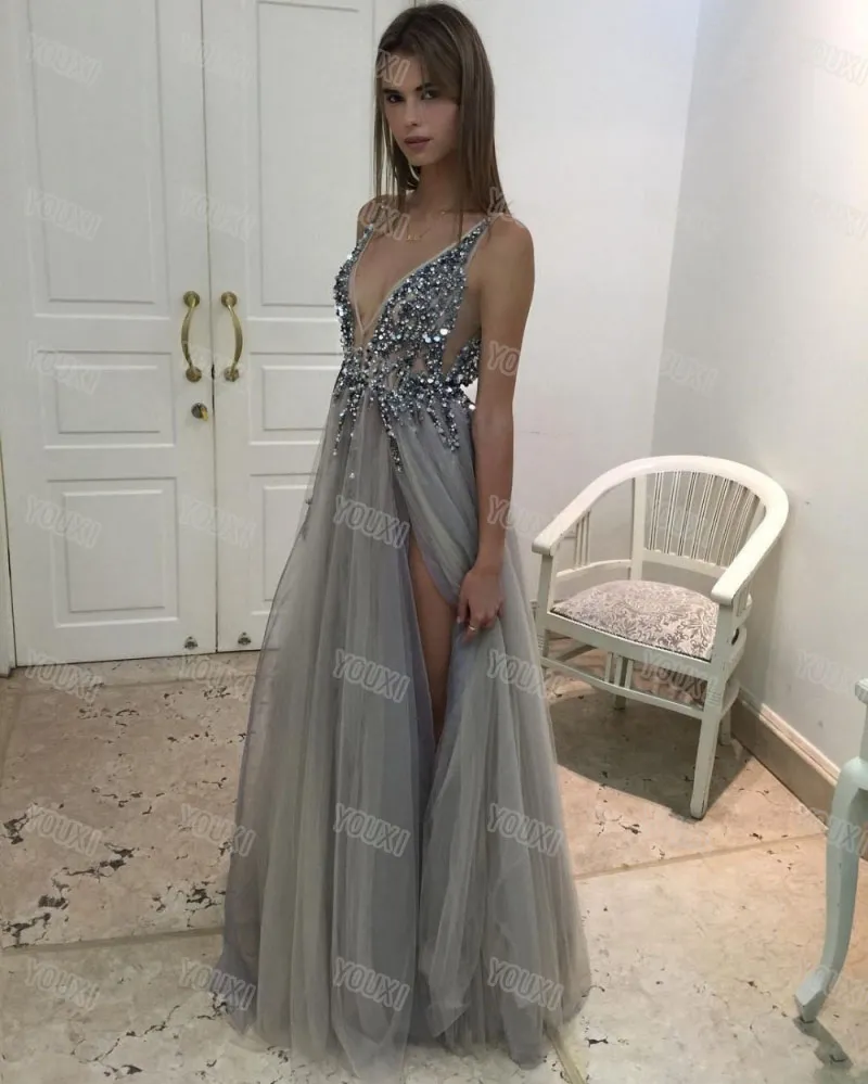 Berta Prom Dresses 2019 Hot Deep V-Neck Muslo Split Escote pronunciado Backless Vestidos de noche largos