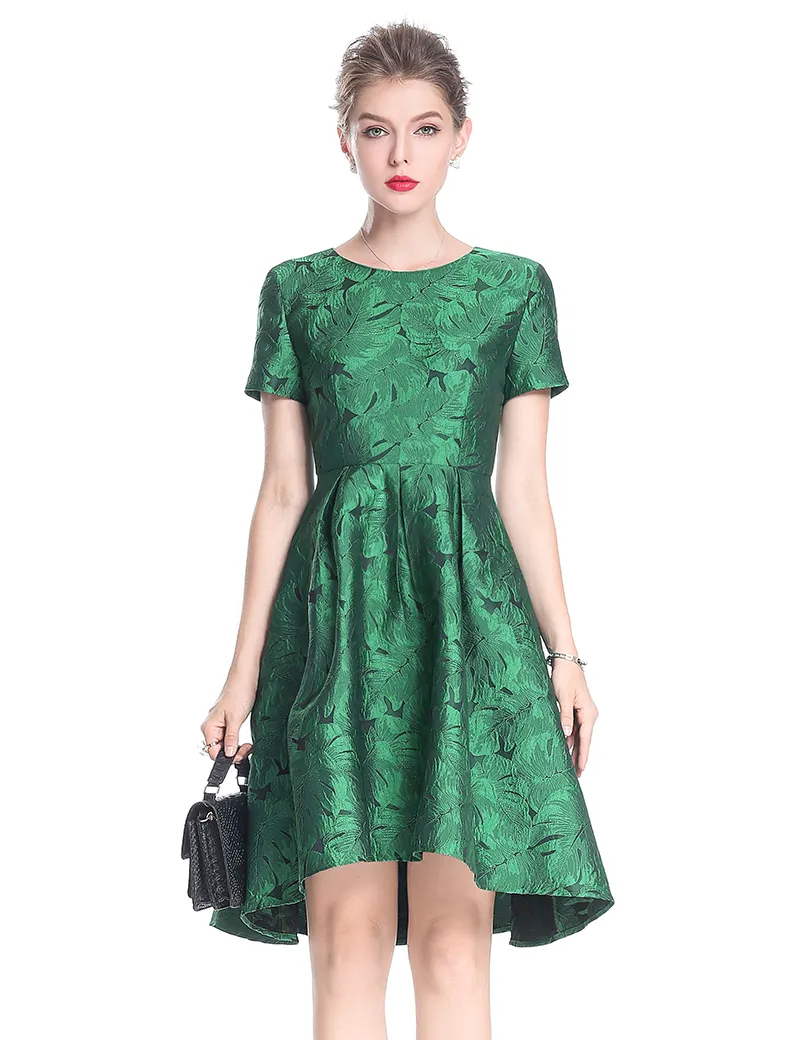 Fashion Women Asymmetrical Jacquard Dress Short Sleeve Dresses 0917183