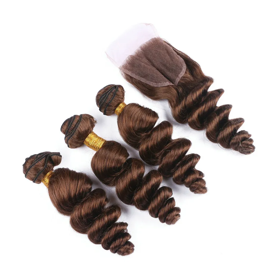 Losse Wave Maleisische Virgin Haarkleur # 4 Medium Bruin Menselijk Haar Weeft 3 Bundels met Kant Top Sluiting Kastanje Bruin Hair Extensions