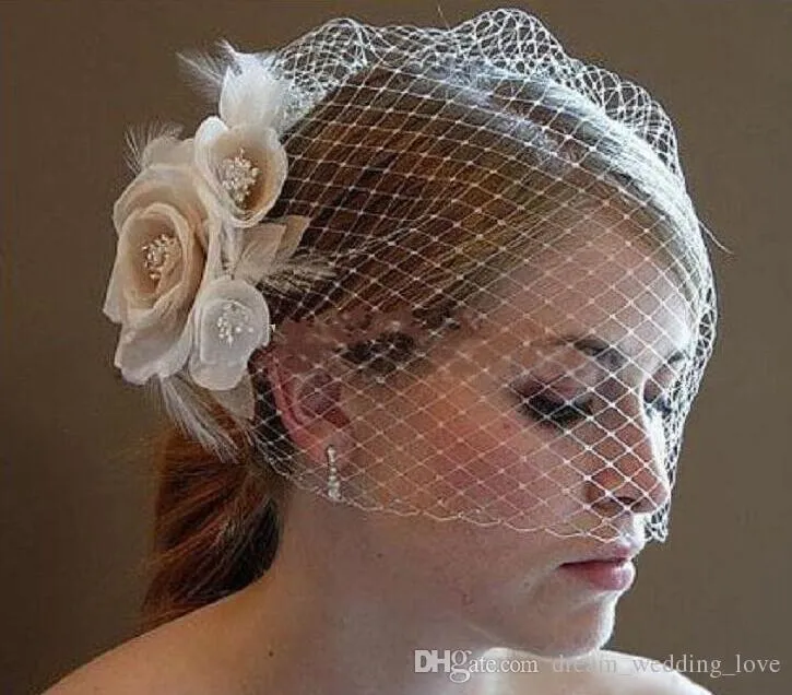 Wedding Birdcage Veils 51cm 80cm Champagne Ivory White Flowers Feather Birdcage Veil Bridal hat Hair Pieces Bridal Accessories3974392