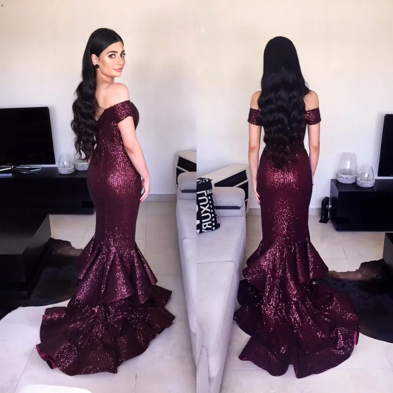 2017 faísca fora do ombro Prom Dresses principais Sequins manga curta em camadas Mermaid longo Party Dress Moda Sexy Charming vestidos de noite bonita