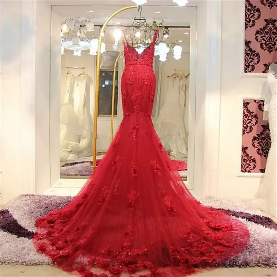 Spaghetti tiras de longa sereia laço sem encosto vestidos de noite vermelho 2019 mulheres applique laço vestidos de baile robe de soiree