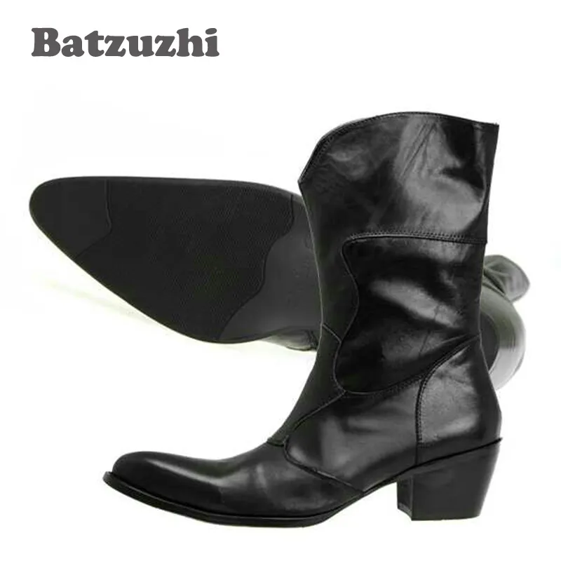 2018 Black Fashion Vintage Man Boots big size 46 Pointed Toe Fashion Male Boots Increased High Heels Horsehair Genuine Leather Boots Men