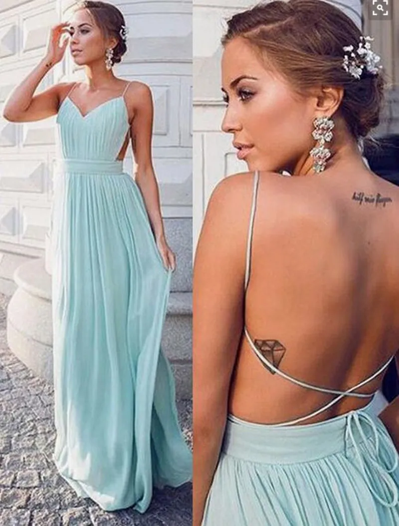 Modest New Chiffon alta material de qualidade baratos $ 79 Vestidos Prom Dress Sexy Backless Evening Partido Spaghetti frete grátis