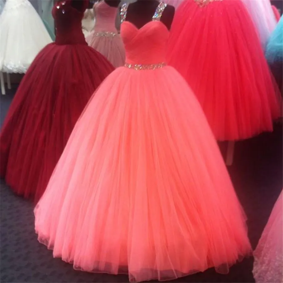 Spaghetti Straps Unique Cross Back Design Tulle Coral Quinceanera Dresses Ball Gowns Crystal Beading Sexy 16 Dresses