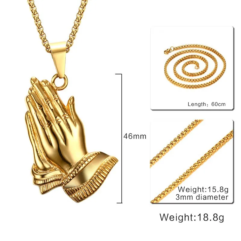 Men Gold Tone PRAYER Hand Pendant Necklaces Stainless steel Jewelry with 24" Chain PN-675