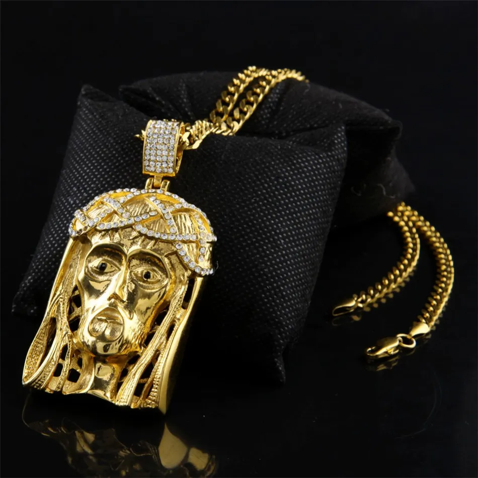 Hip Hop Golden Crowned Jesus Head Pendant Iced Out Square Gem Crystal Necklace Set Cuban Chain287n