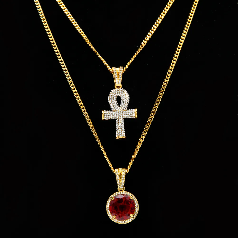 Pendentif croix en strass égyptien Ankh, clé de vie, avec pendentifs ronds en rubis rouge, ensemble de colliers pour hommes, bijoux Hip Hop