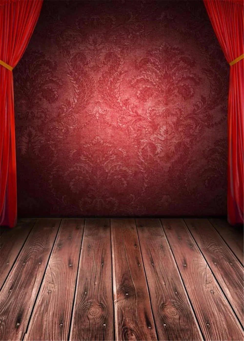 Red Curtains Stage Photography Backdrops Vintage Brown Wooden Planks Floor Burgundy Damask Wall Children Kids Studio Photo Booth Background