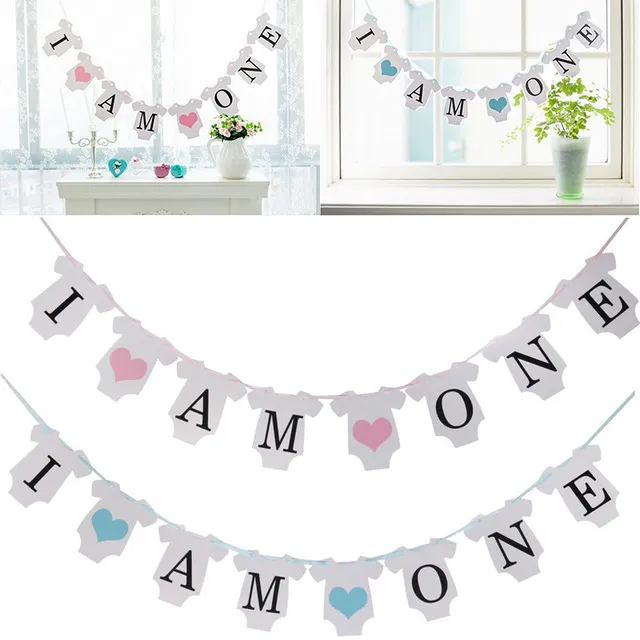 Envío gratis 1 juego I AM ONE Banner Baby 1ST Birthday Garland Sign Photo Props Kids Birthday Party Decoration