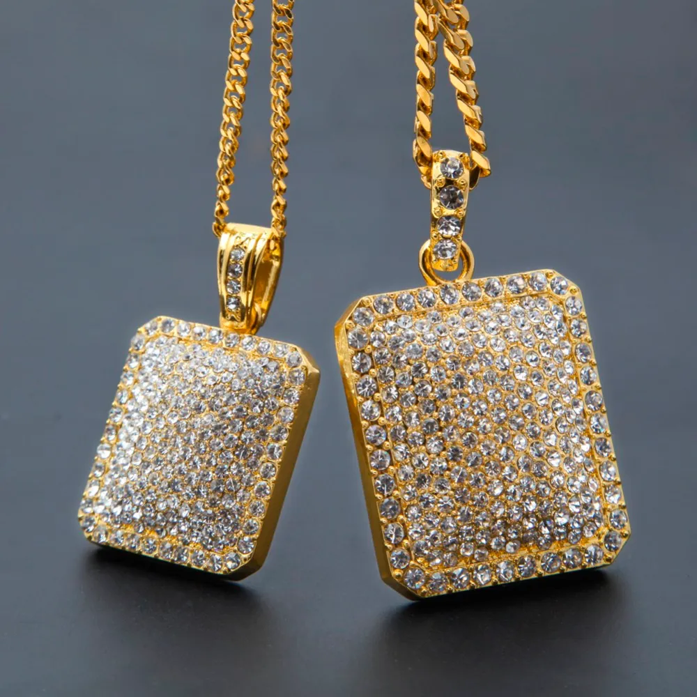 Mens Full Iced Out CZ 골드 실버 스퀘어 도그 태그 펜던트 쿠바 체인 힙합 랭킹