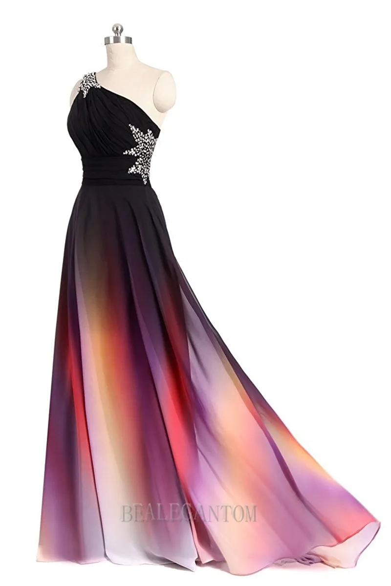 Sexy One Shoulder Ombre Long Evening Prom Dresses Chiffon A Line Plus Size Floor-Length Formal Party Gown BM05