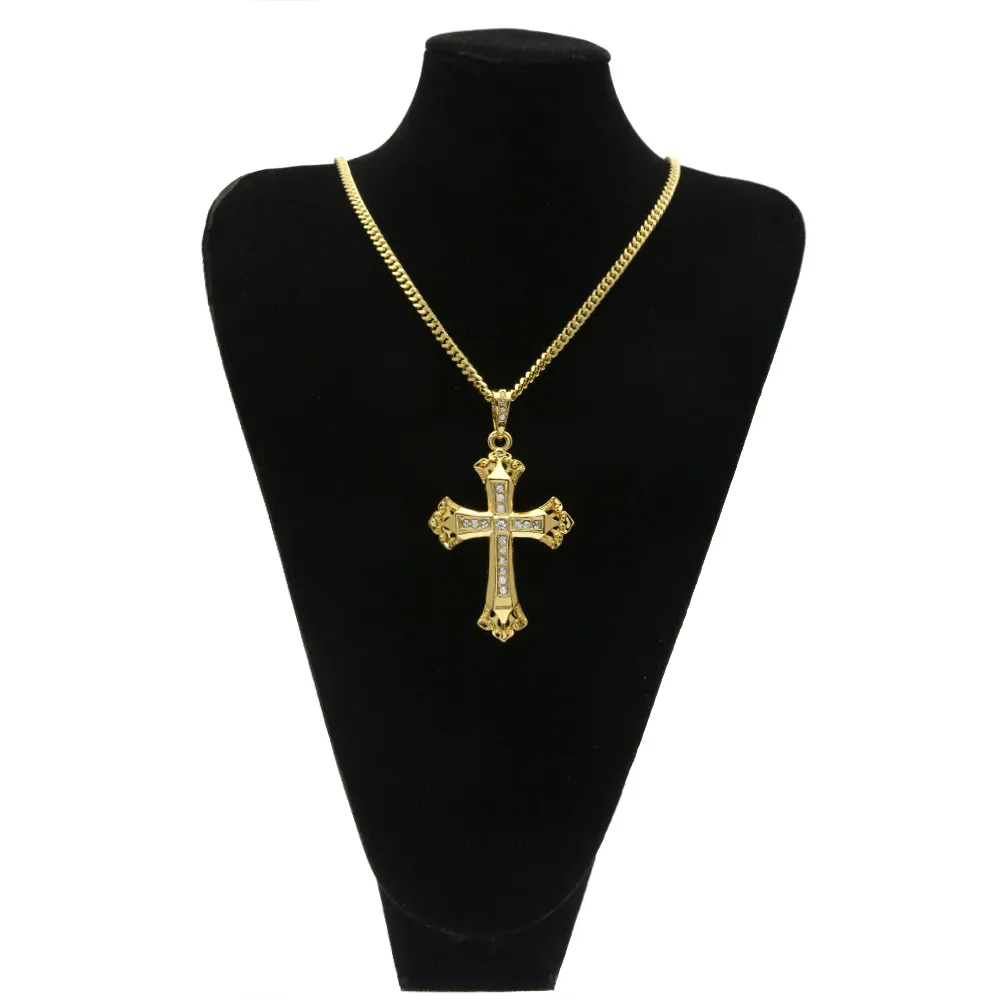 Bling Bling imité diamant pendentif croix collier or jaune plaqué collier pour hommes de haute qualité pendentif exquis en gros