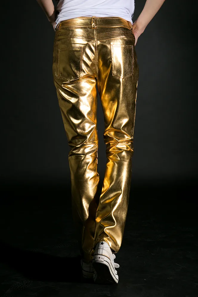 singer leather pants costume gold silver Ds performance fashion jazz dance wear metal slim PU pants sexy trousers nightclub bar