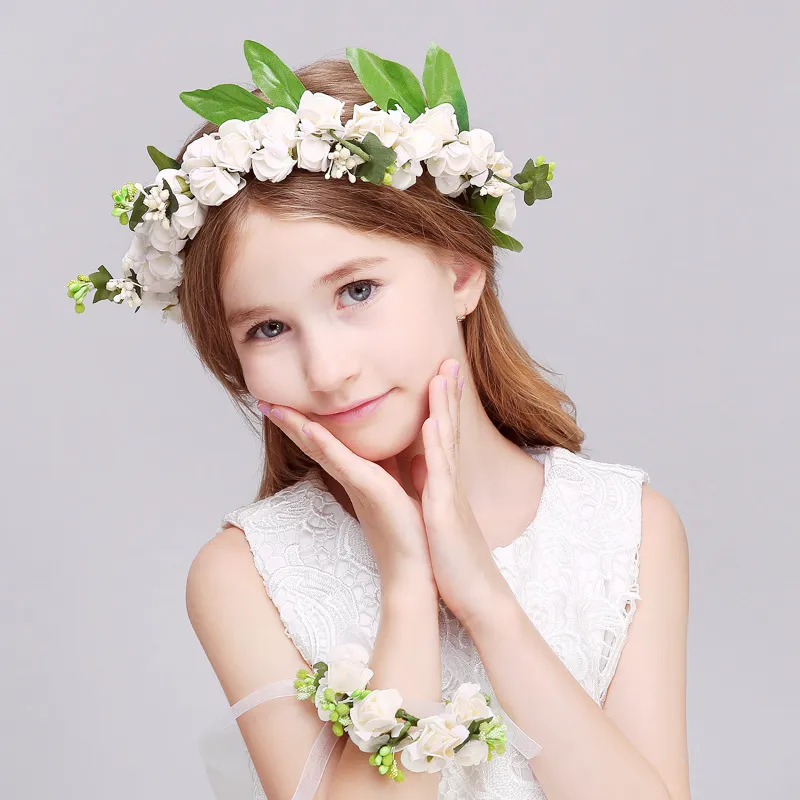 Böhmen Flower Girl Sea Beach Wreath Headdress med armband Flickor Garlands Fotografi Barn Hårtillbehör Crown Veil Headpiece A6635