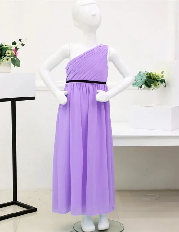 Vestido Longo Chiffon One-shoulder Pleated Dress Flower Girls Maxi Dresses for Party and Wedding Kids Junior Bridesmaid Dress Evening Gowns