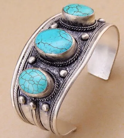 Unisex Vintage Oval Türkis Stein Bead Manschette Armband Tibet Silber
