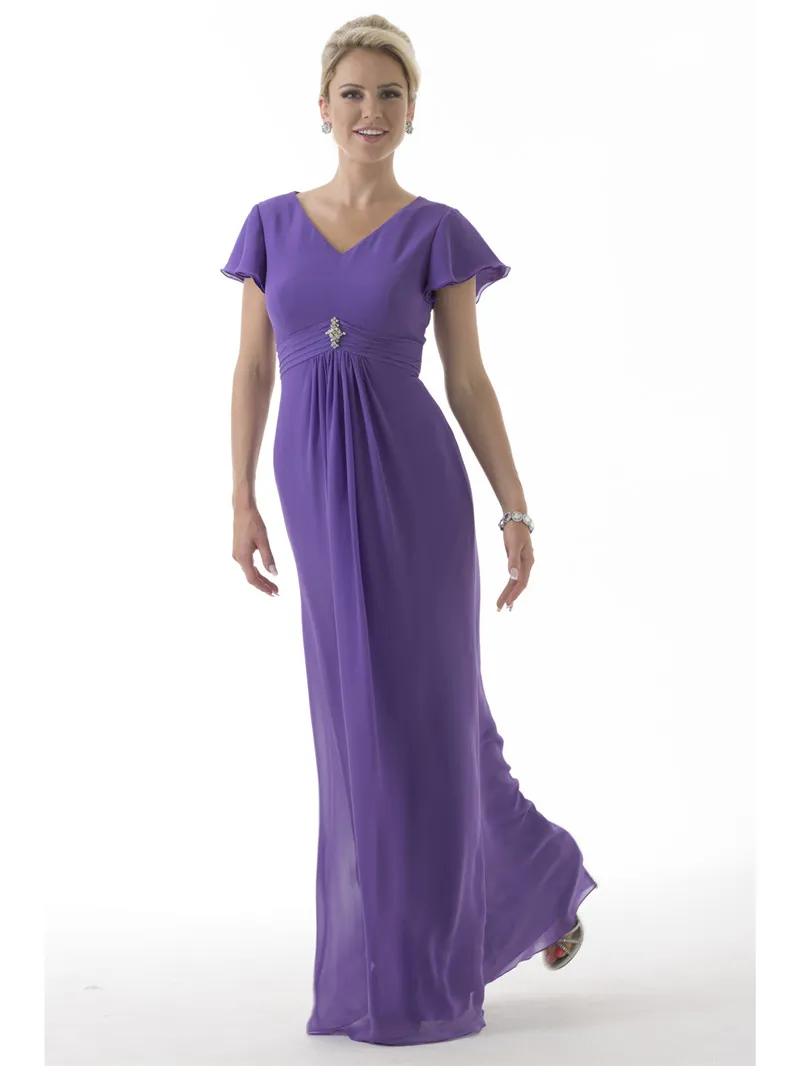 Purple Chiffon Cadbury Purple Bridesmaid Dresses With Short Sleeves And V Neck Modest And