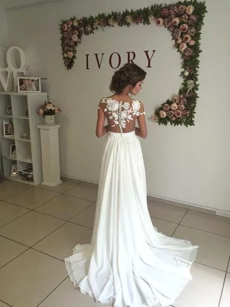 Romantico merletto di estate della spiaggia abiti da sposa 2020 Sheer Neck abito da sposa abiti da sposa fessura del lato Abito Vestido de Noiva