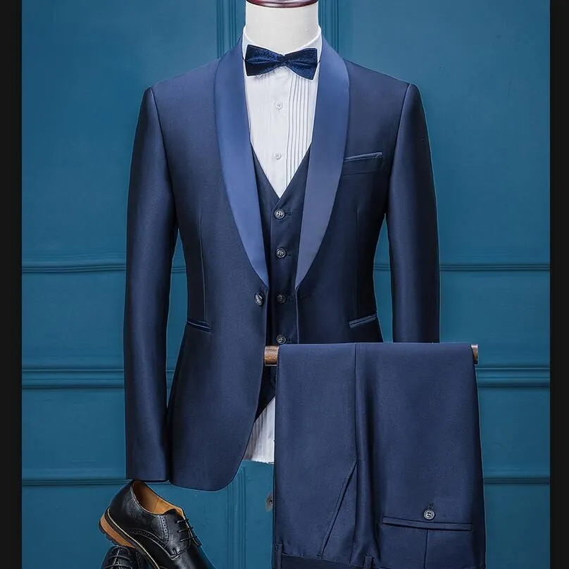 Popular Blue Groom and Groomsman Suits with Shawl Lapel main image 1