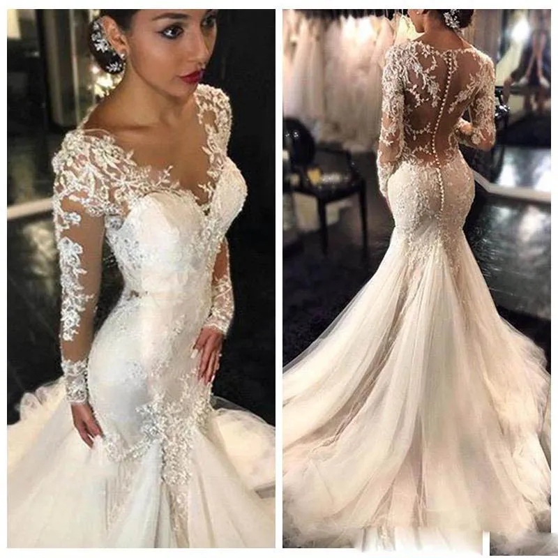 2017 Nowy Sheer Sexy Koronki Suknie Ślubne Dubai Afryki Afryki Afryki Petite Długie Rękawy Naturalne Slim Fishtail Suknie Bridal Custom Made Custom