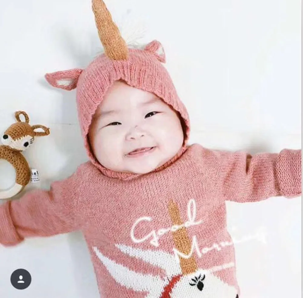 Criança unicórnio orelha aba chapéu de crochê crianças bebê chapéu de crochê bonito unicórnio crianças mão chapéu de malha menino ou menina