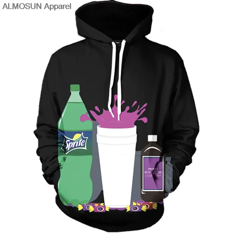 Großhandel - ALMOSUN Sipping That Lean 3D All Over Bedruckte Hoodies Taschen Sweatshirt Hip Hop Hipster Cheers Street Wear Männer Frauen