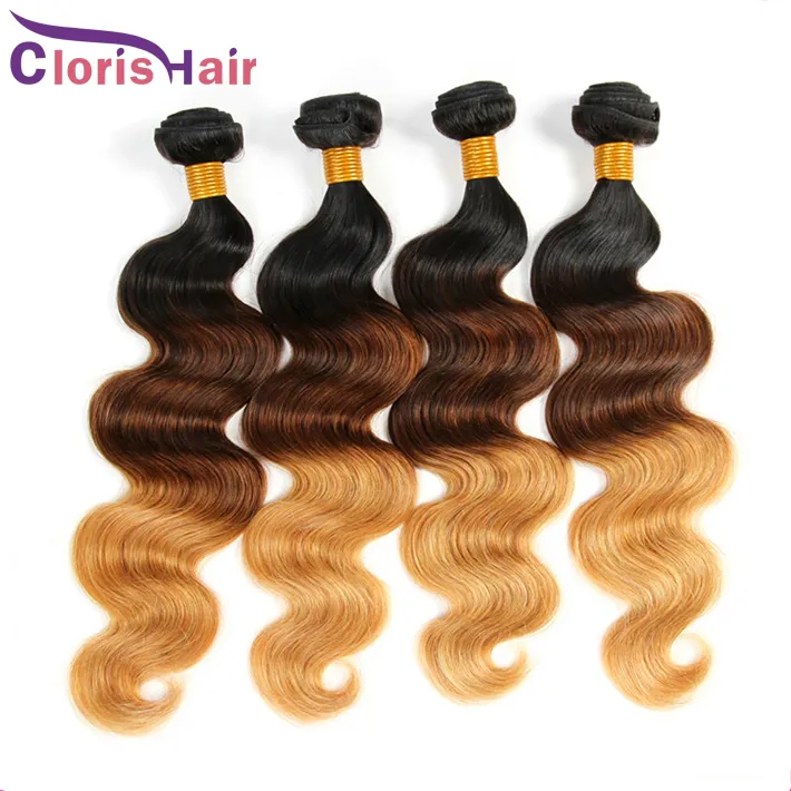 Blonde Cheveux Humains Bundles Vierge Péruvienne Corps Vague Ombre Armure Pas Cher 1B 4 27 Trois Tons Ondulés Extensions de Cheveux Colorés Fin Saine