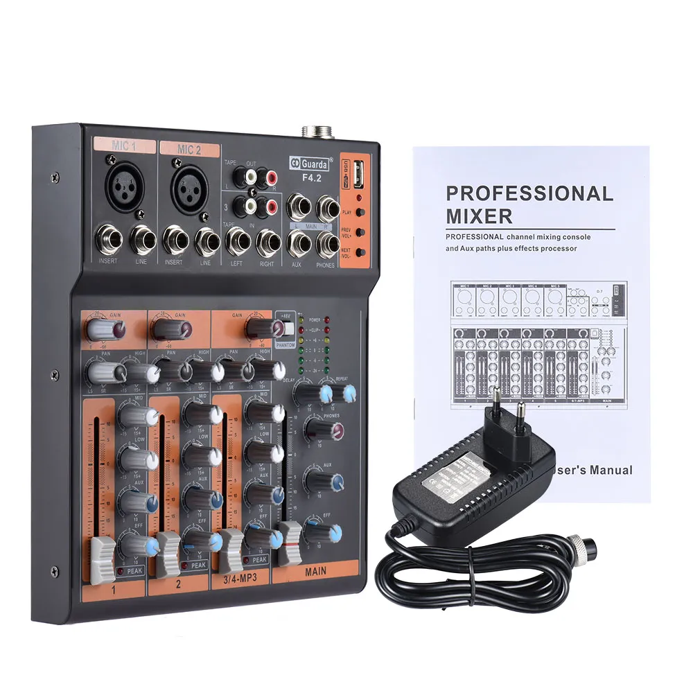 Freeshipping Portable 4-Channel Mic Line Mixer audio Mixer Console EQ a 3 bande Interfaccia USB 48V Phantom Power con adattatore di alimentazione