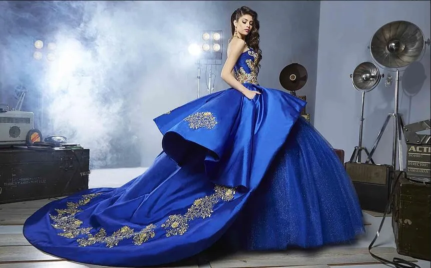 Royal Blue Satin Strapless Puffy Evening Dresses Prom Gowns