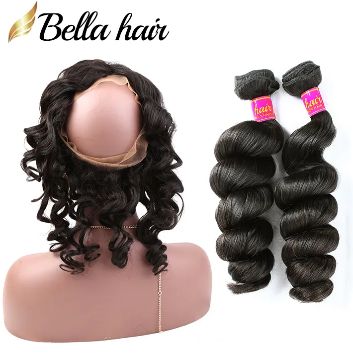 Facos de cabelo virgens brasileiros com 360 extensões de cabelo humano de onda solta 360 tramas e frontais de renda 3pc Bellahair
