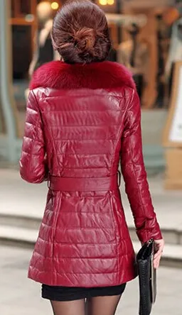 Wholesale-2015 women's plus size winter down coat fur hood 4xl genuine leather jacket women with real fur 