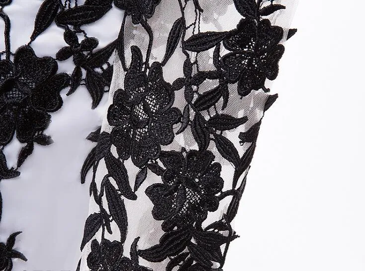 섹시한 흰색과 검은 색 이브닝 드레스 환상 쉬어 넥 라인 긴팔 쉬폰 Tulle 꽃 무늬 아플리케 스위프 트레인 댄스 파티 플러스 사이즈