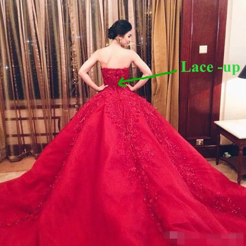 Michael Cinco Luxury Ball Gown Red Wedding Dresses Lace Top Quality Beaded Sweetheart Sweep Train Gothic Wedding Dress Civil Vestido de 2019