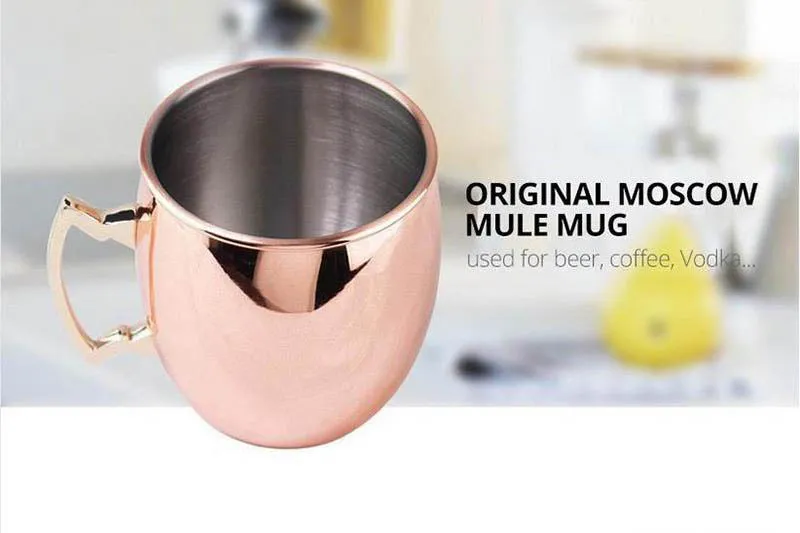 Hammerad kopparpl￤terad Moskva Mule Mug 304 Rostfritt st￥l Beer Coffee Cocktail Cup Copper Mugs Rose Gold Drum Style Drinkware 18oz