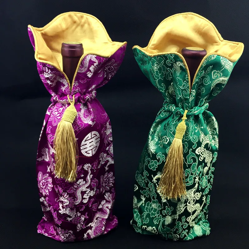 High Quality Handmade Tassel Silk Brocade Bag for Chinese knot Wine Bottle Cover Clothes Home Party Table Decoration Bottle Packaging Pouch