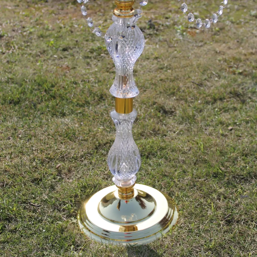 Ny 90cm höjd akryl 5-armar guldfärg metall kandelabrer med kristall hängen bröllopshållare mittpunkt 1 mycket = 10 stycken