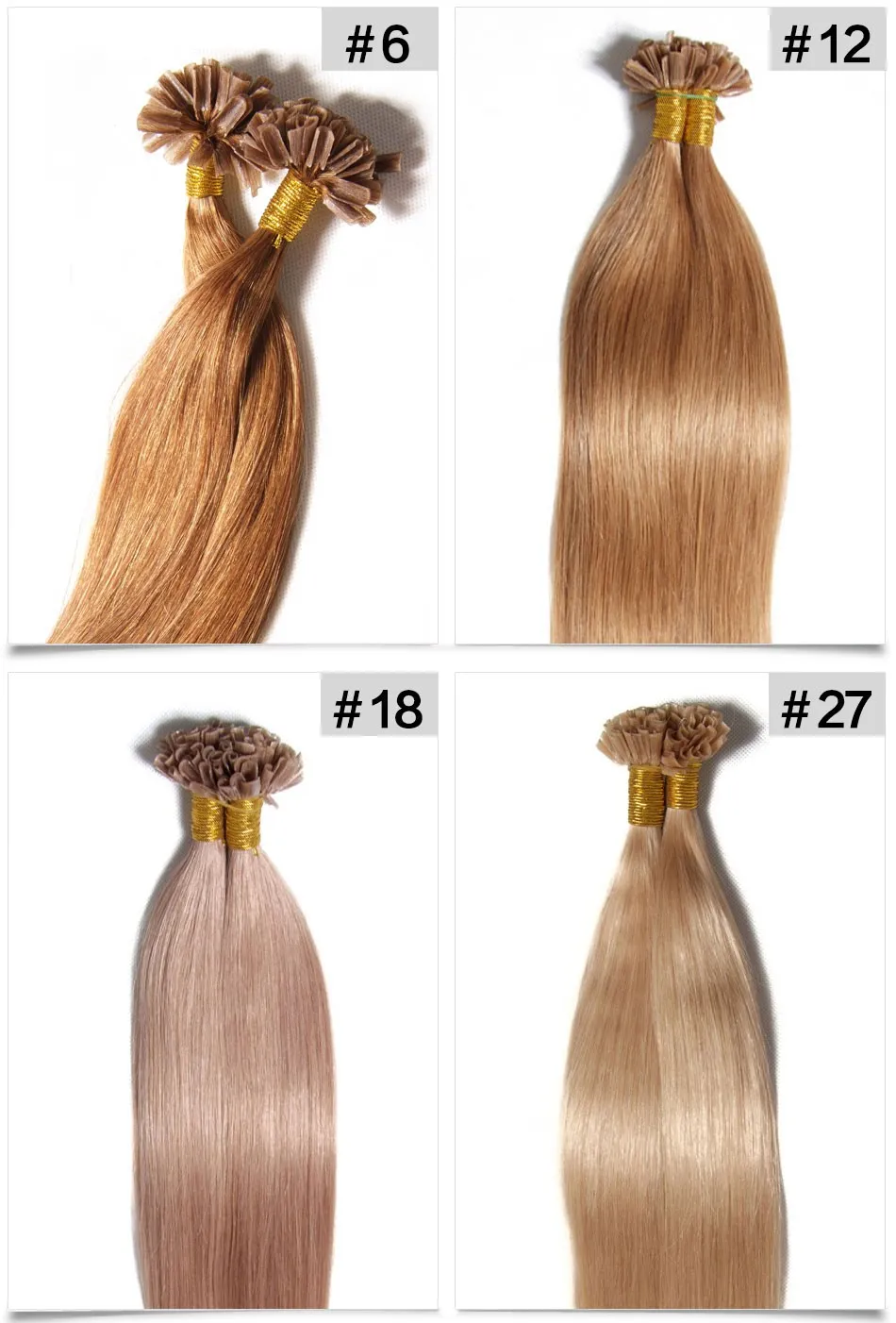 Pre Conded u Spitze Haarverlängerungen Italienische Keratin Fusion Haarverlängerung Brasilianisches Remy Human Hair 1g / Strang 100 teile / los # 12 # 18 # 27 Nagelspitze