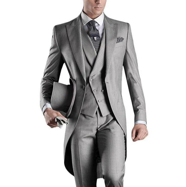 Partihandel - Bästsäljande 2016 Custom Mens Passar Italienska TailCoat Grå Bröllopskläder för män Groom Mens Tuxedo-kostymer (jacka + byxor + väst)