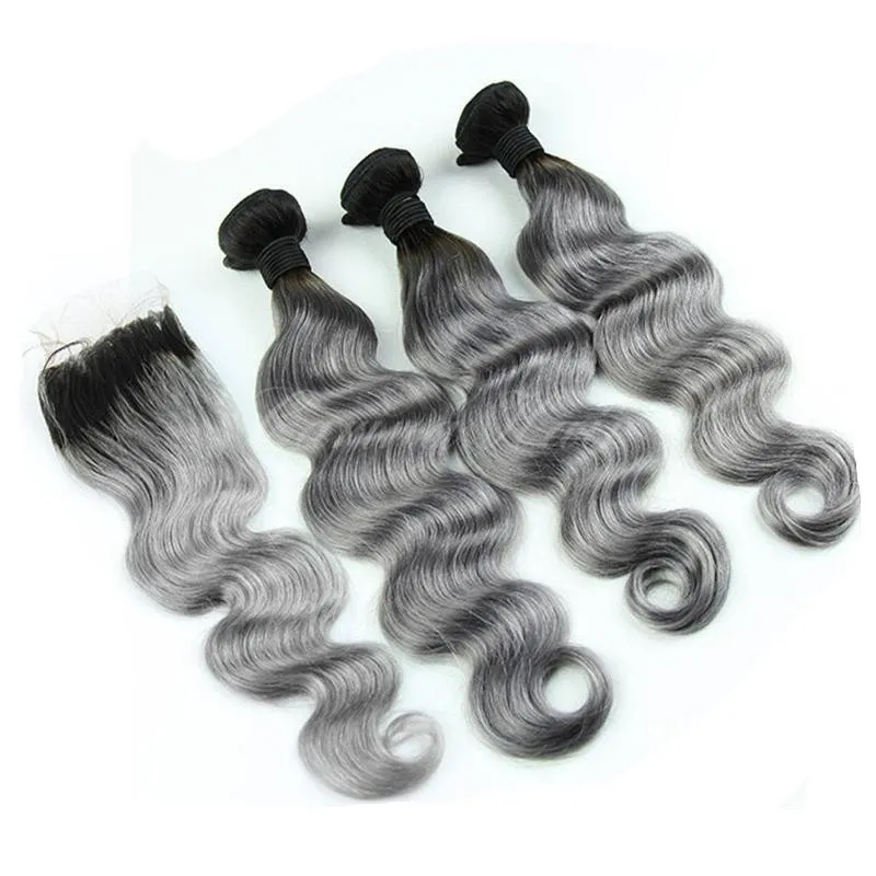 8A Grade Peruvian Grey Hair Weave med stängning Body Wave Två ton Ombre 1B Silver Grey Ombre Mänskliga Hårbuntar och Snörningar