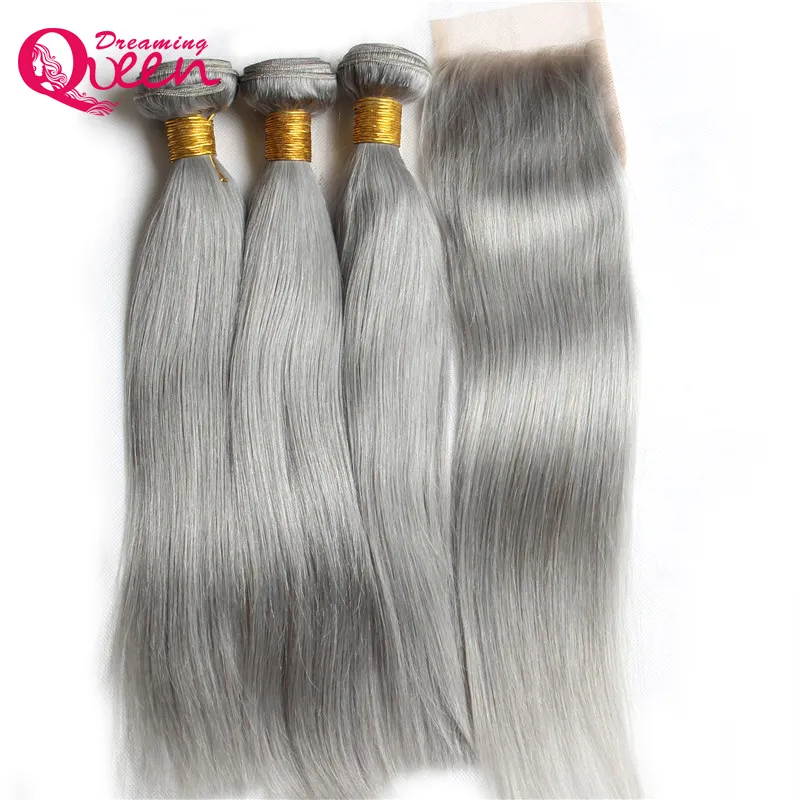 Grey Straight Hair Ombre Brazilian Virgin Human Hair Bundles Weave Extension With 4x4 Lace Closure Gray Color Bleached Knot7038007